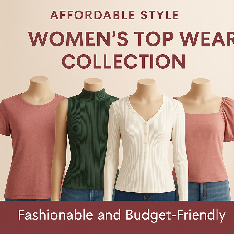 Fashion thumbnail showcasing the Women's Top Wear Collection, featuring stylish tops in various colors and fabrics, displayed on mannequins or models. Set against a soft, elegant background with bold text highlighting affordability and style.