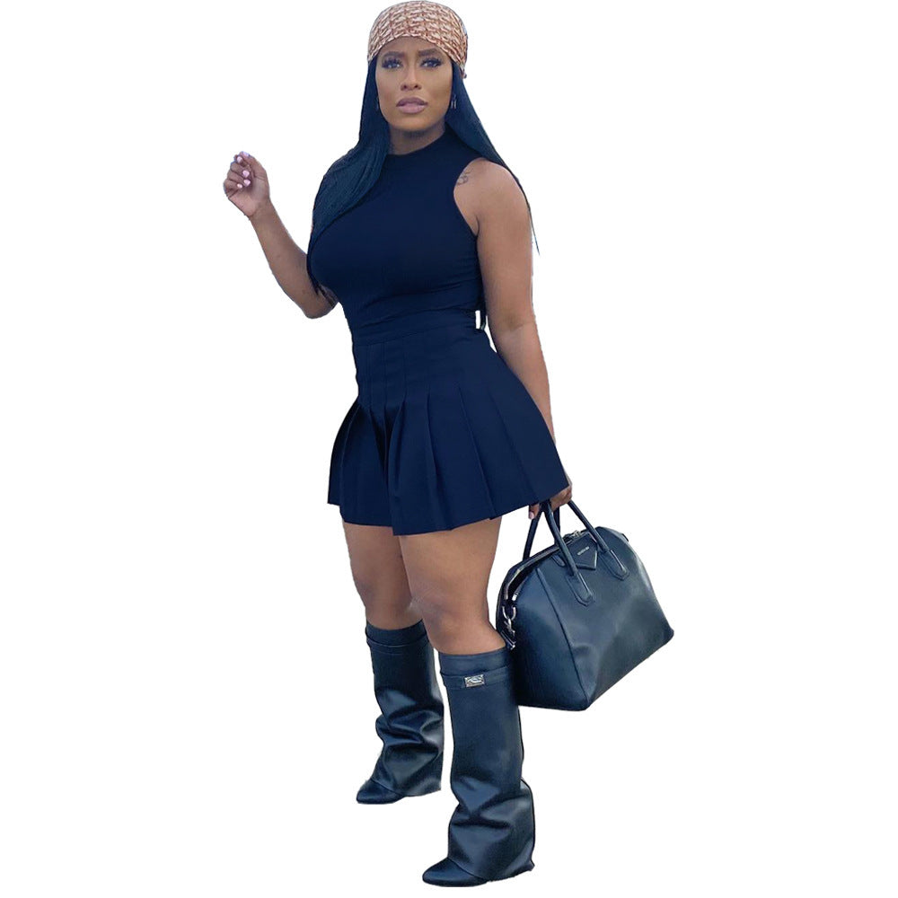 Fashion Casual Solid Color Round Neck Pleated Slim Vest Pants Group Sports Two-piece Set