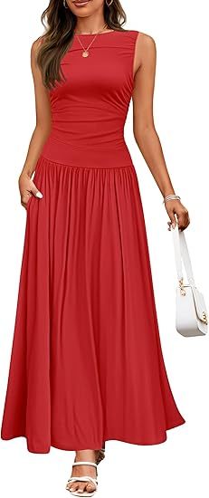 Women's Summer Sleeveless Maxi Dress Casual Round Neck Pleated Elegant Maxi Dress With Pockets