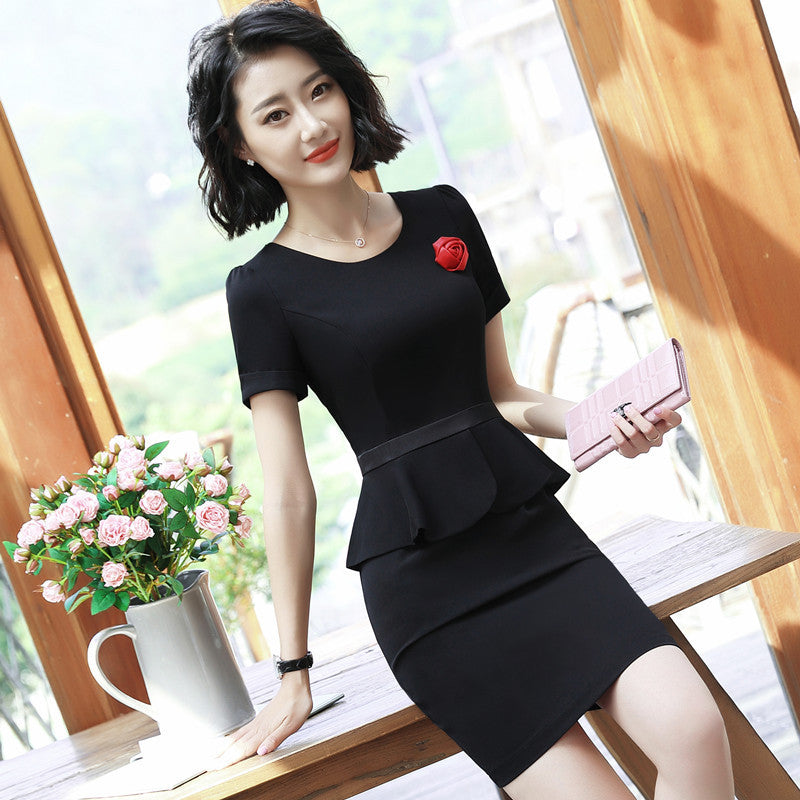 Fake Two Pieces Business Dress Short Sleeve Beautician Hotel Jewelry Shop Workwear