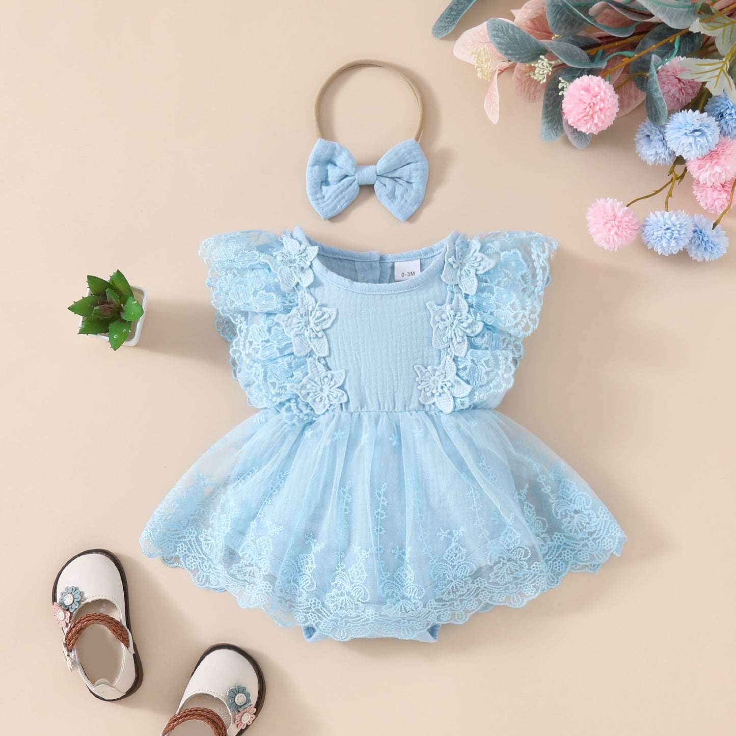2025 Summer Baby Girl Sweet Sleeveless Lace Triangle Rompers Mesh Lace Flower Dress - BabynBeauty