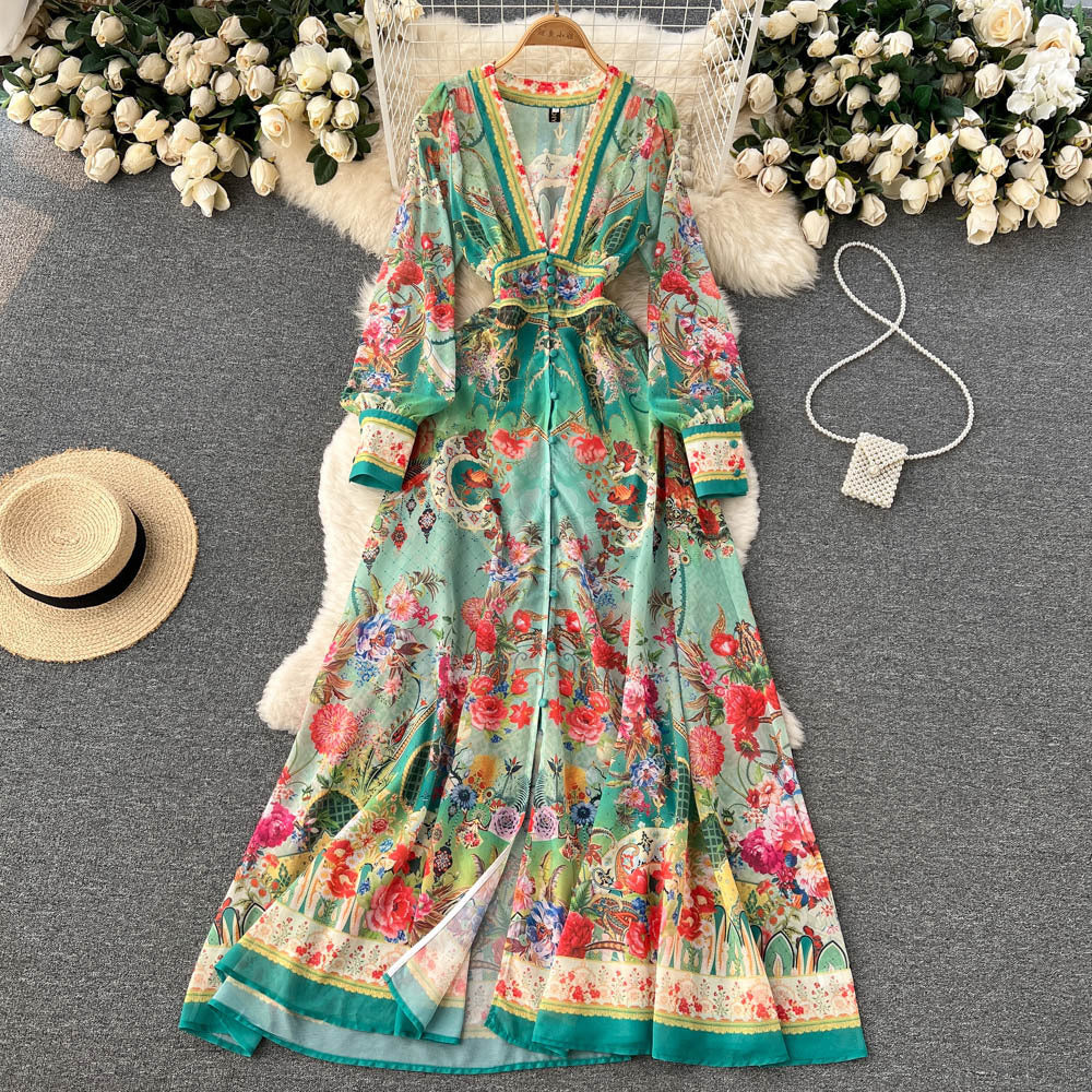 Ethnic Retro Deep V Neck Lantern Sleeve Print Dress