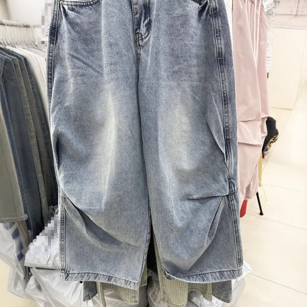 Loose Slimming Washed-out Vintage Blue Banana Pants Pinch Pleated Design Sense Matchet Pants