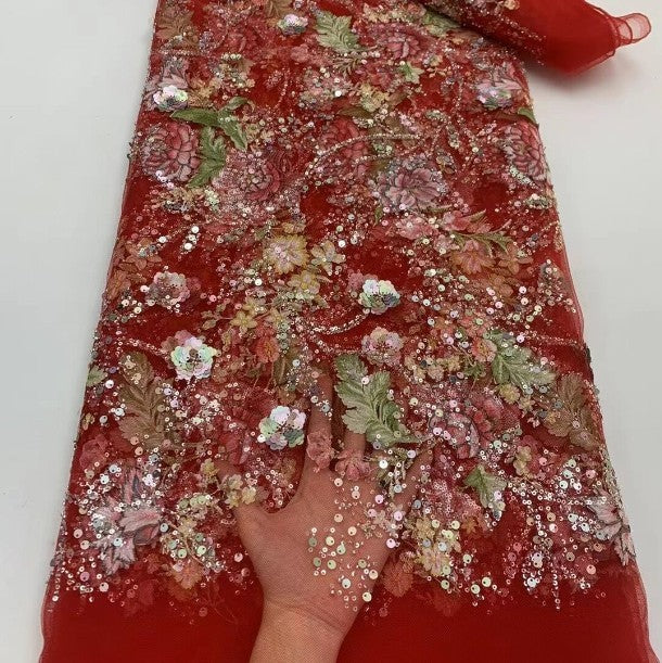 Ethnic Red Rose Flower Embroidery Fabrics High-end Beads Sequin Embroidered Cloth Xiuhe Cheongsam Wedding Dress Lei
