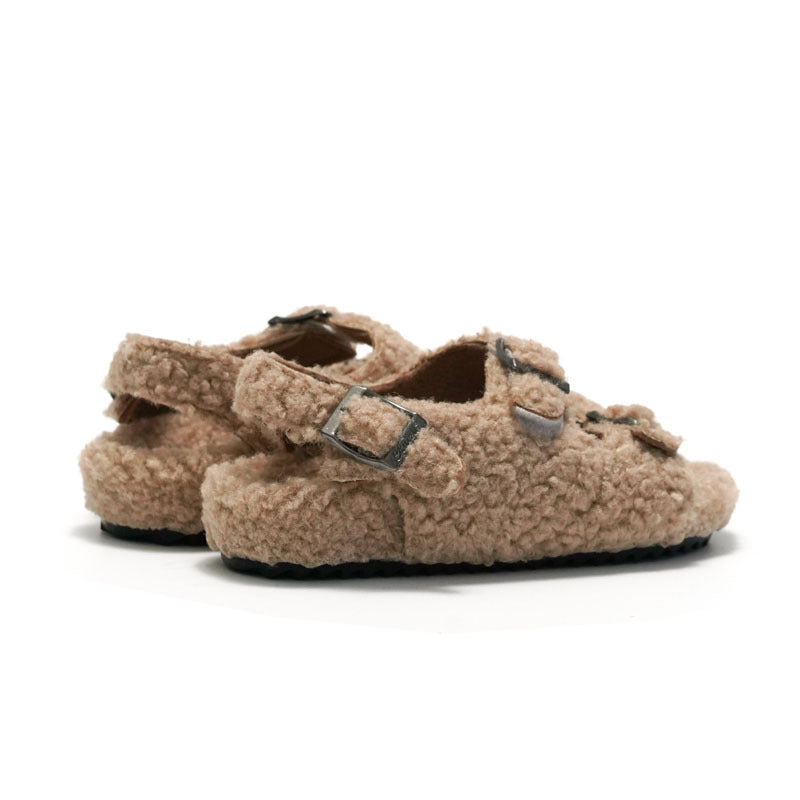 Fleece-lined Children Cork Sandals Woolen Slipper