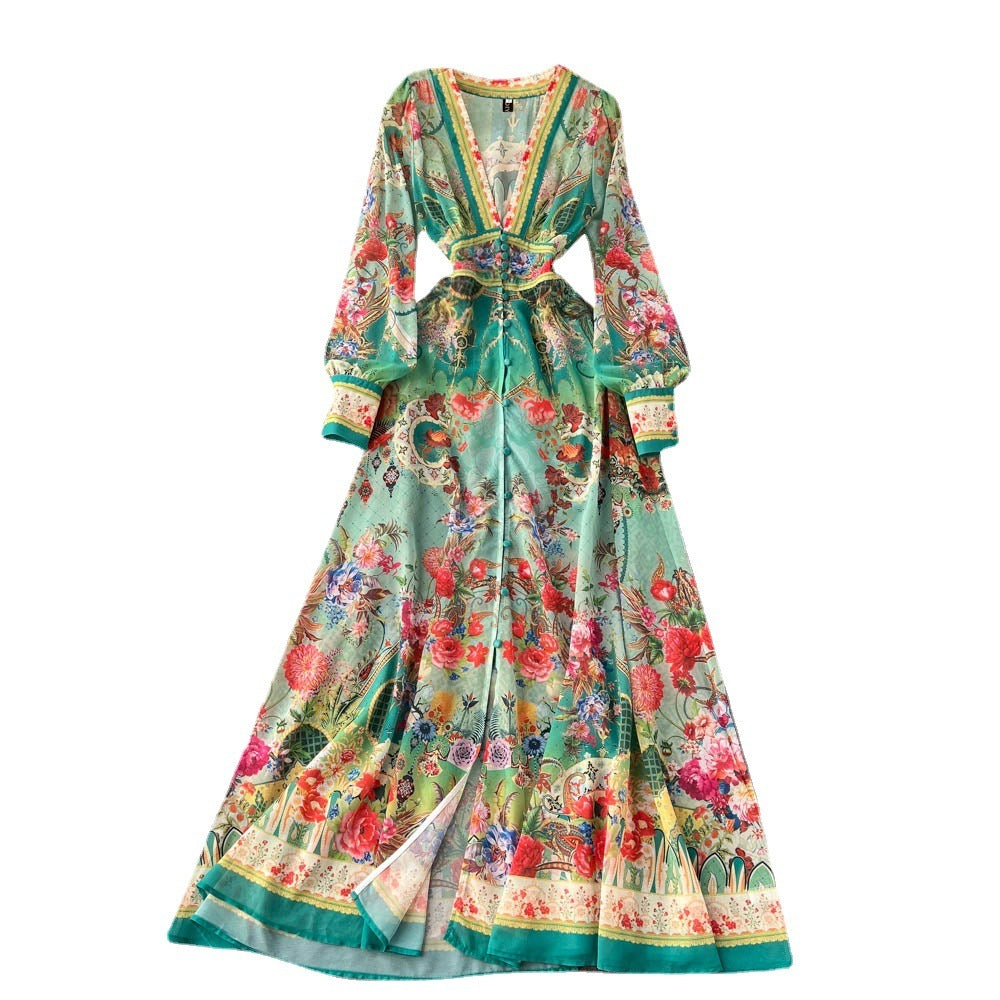 Ethnic Retro Deep V Neck Lantern Sleeve Print Dress