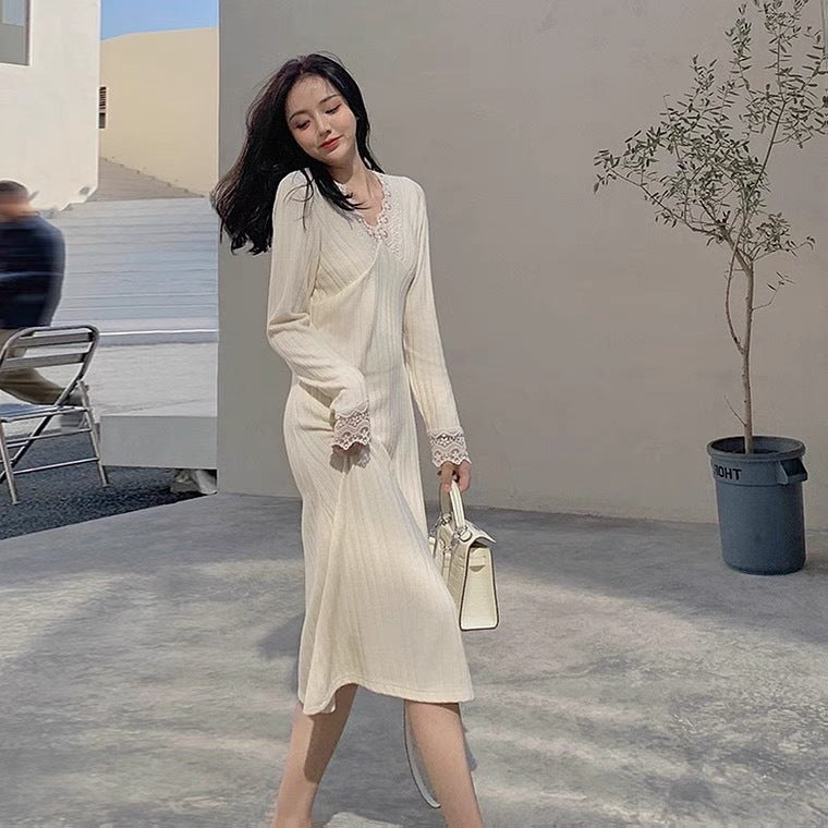 Retro Lace Knit Dress Women - BabynBeauty