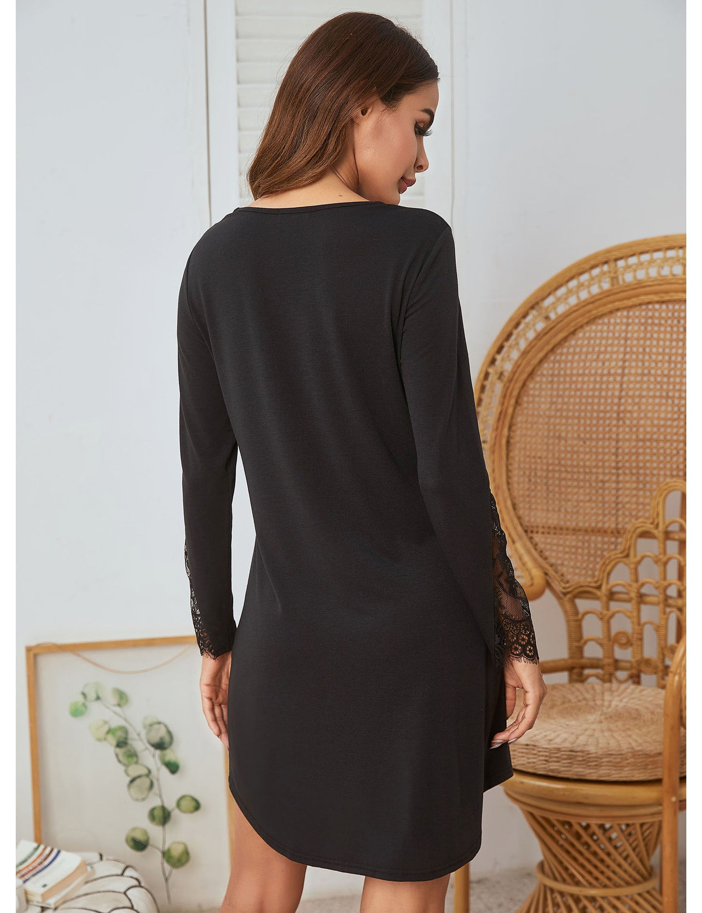 Nightdress Long Sleeve Lace Stitching Fake Placket Nightdress