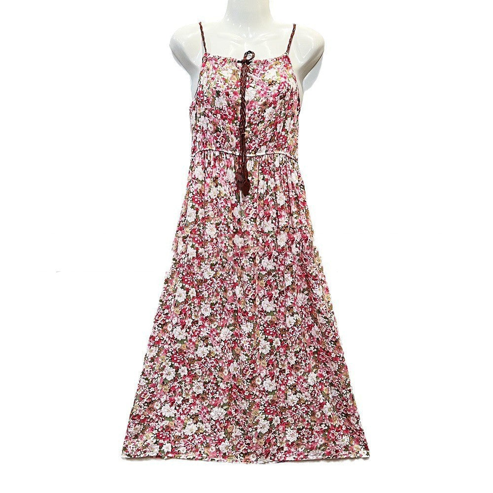 Ethnic Style Dress Women's Cotton Silk Belt Beach Dress With Suspenders
