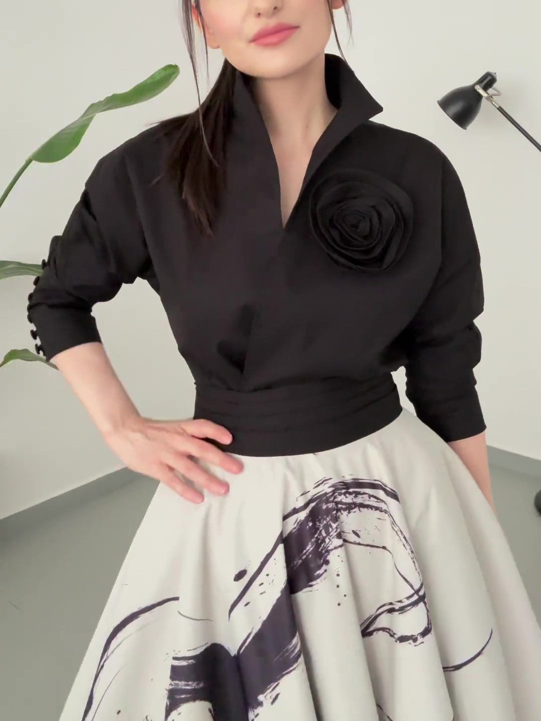 Black Floral Long Sleeve Tie Shirt - BabynBeauty