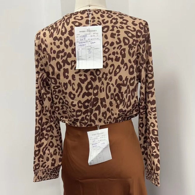 Women's Deep V Leopard Print Brown Suit - BabynBeauty
