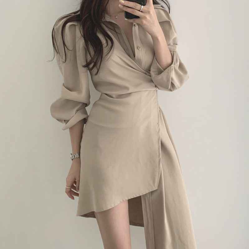 Temperament Lapel Waist Irregular Shirt Dress Women
