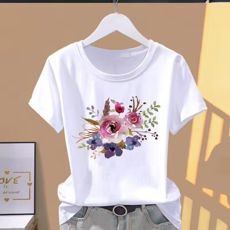 Women's Retro Printed Solid Color Round Neck Short Sleeves
