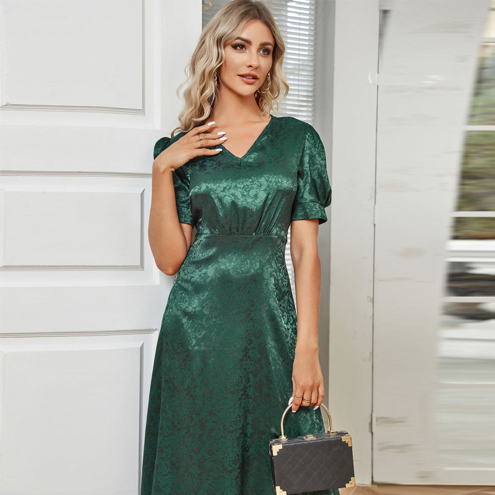 High Waist Pure Color V-neck Puff Sleeve Dress