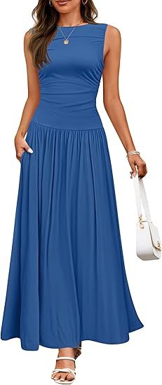 Women's Summer Sleeveless Maxi Dress Casual Round Neck Pleated Elegant Maxi Dress With Pockets