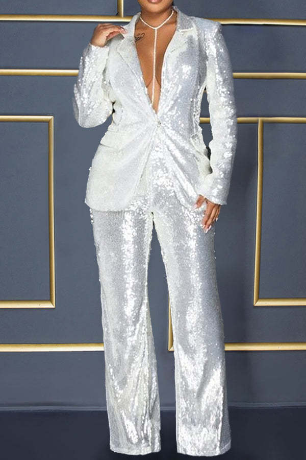 Slim-fit Sequined Suit Top And Trousers Women's Suit