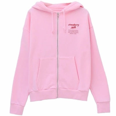 Strawberry Milk Cute Women's Casual Winter Long Sleeve Hoodies Sweatshirt Zipper Jacket Loose Style Pink & Lavendar - BabynBeauty