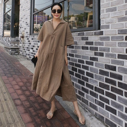 Overknee Long Korean Style Loose Linen Shirt Skirt - BabynBeauty