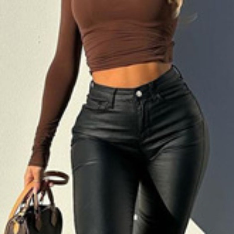 Light Mature Woman People Black Fashionable Sense Versatile Leather Pants Autumn And Winter New - BabynBeauty