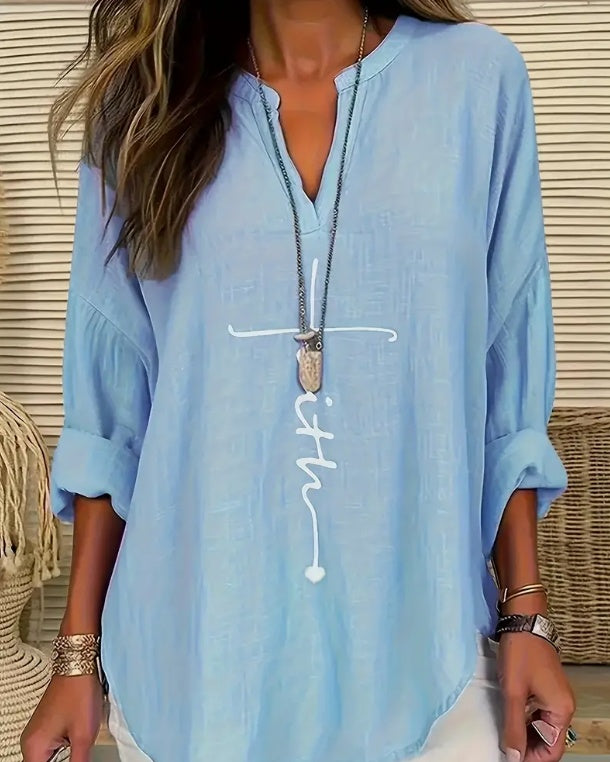 Women'S V-Neck Long Sleeve Shirt With Letter Print