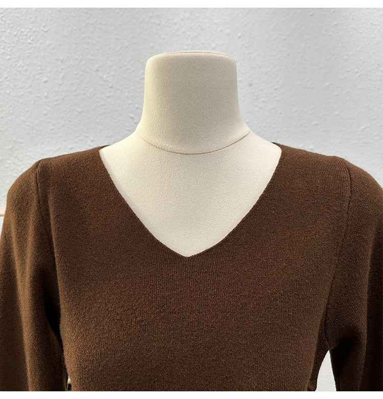 Knitted Long-sleeved T-shirt Women's Slim Bottoming Shirt Pleating Split Top