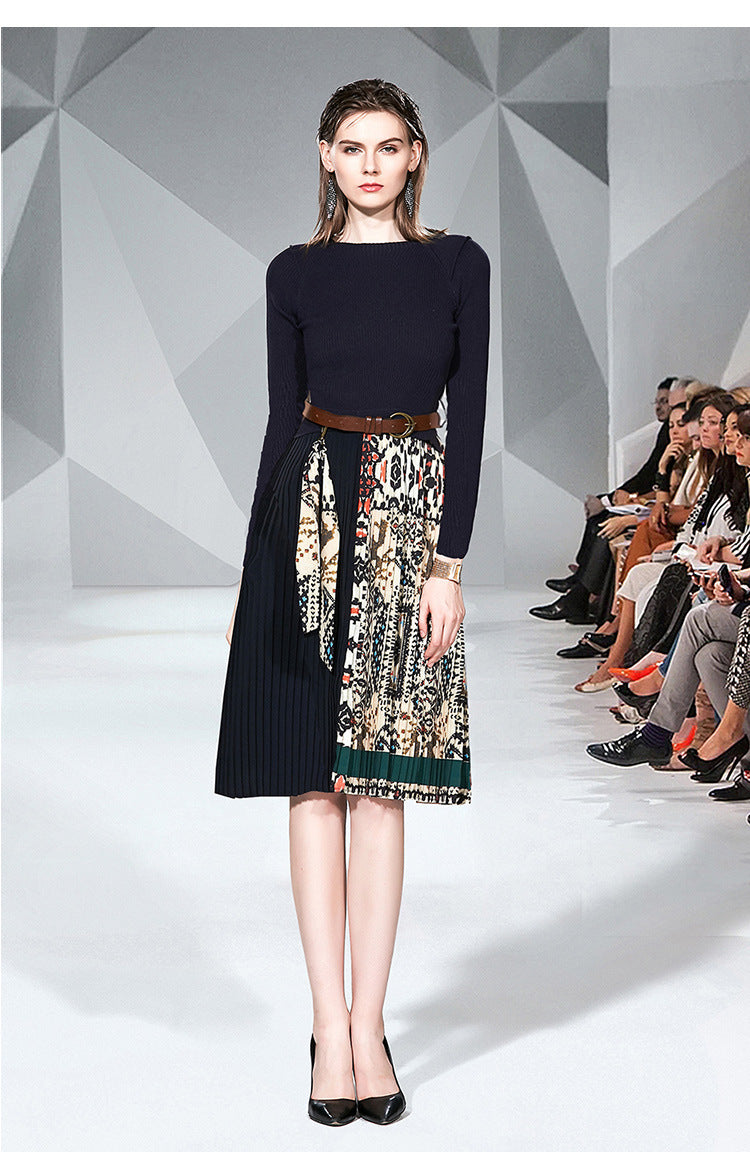 Round neck high waist fashion mid-sleeved dress