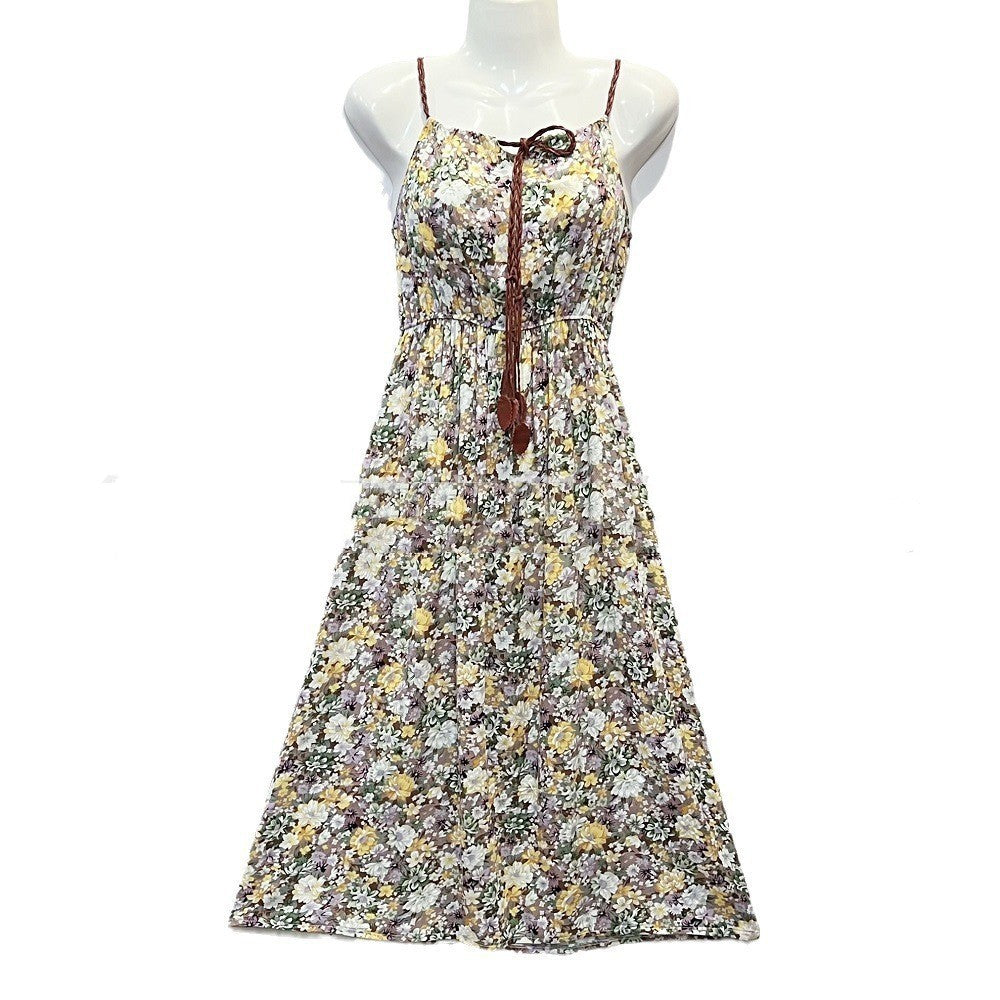 Ethnic Style Dress Women's Cotton Silk Belt Beach Dress With Suspenders