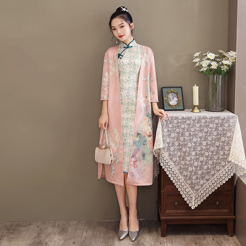Women's Medium Length Cheongsam With Suede And Aodai Dress - BabynBeauty