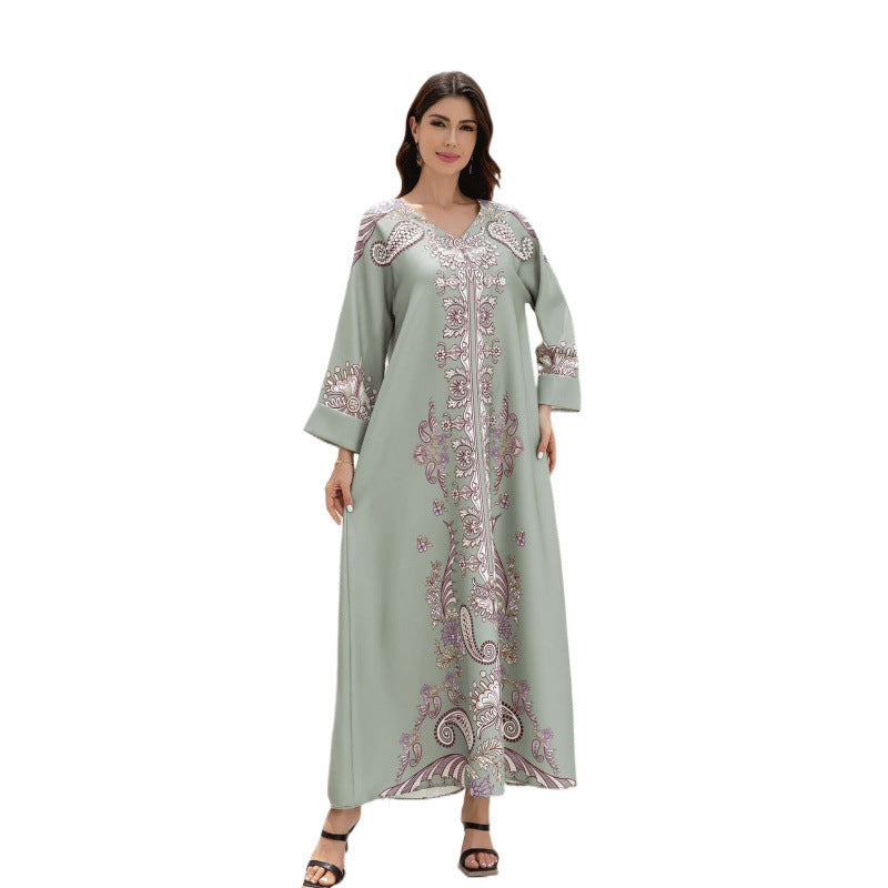 Muslim Women's Wear Robe Printing Hot Bead V-neck Turned Cuff Dress - BabynBeauty