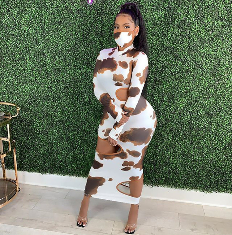 Sexy Ripped Long-Sleeved Long-Sleeved Waist Printed Maxi Dress - BabynBeauty