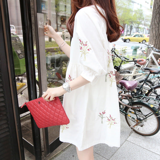 Korean Cotton And Linen Embroidery Maternity Dress And Nursing Clothes - BabynBeauty