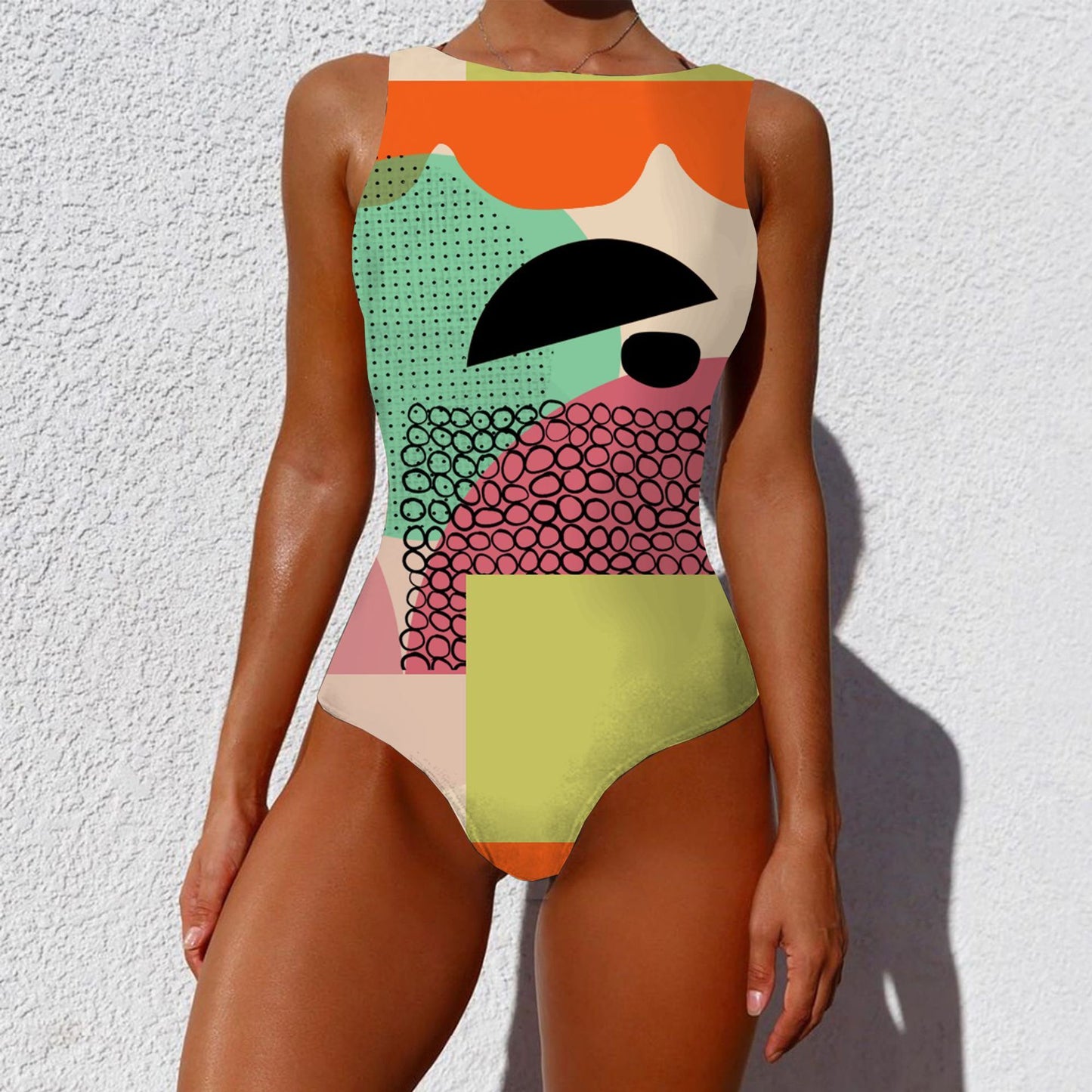 One-piece Fashion Vintage Abstract Print Lady Swimsuit Women Sleeveless Round Neck Bikini Swimwear Summer Push Up Swimsuit - BabynBeauty