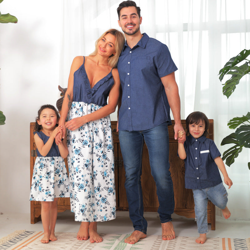 Family Matching Family Denim Sling Skirt Baby Girl Mom Dad Boy Boy Shirt Parent-Child - BabynBeauty