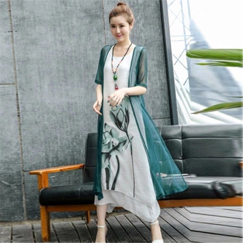 Two Piece Cotton And Linen Waist Waist Dress Female Summer New Style Ethnic Style Mid Length