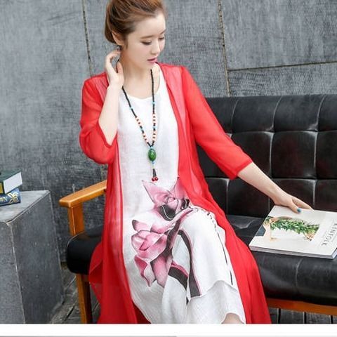 Two Piece Cotton And Linen Waist Waist Dress Female Summer New Style Ethnic Style Mid Length