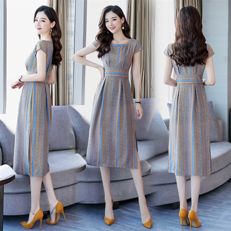 Temperament Mid-length Waist Short-sleeved Striped Skirt
