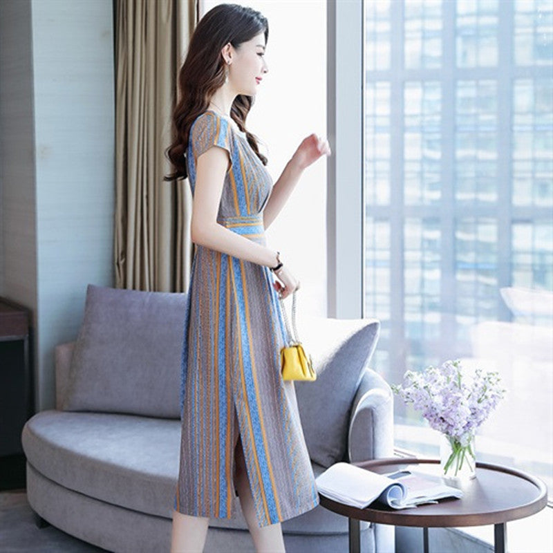 Temperament Mid-length Waist Short-sleeved Striped Skirt