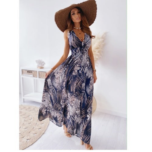 Vintage Print Lace Halter Dress Elegant V-Neck Halter Sleeveless Evening Dress Ladies Sexy Slim Elastic Waist Dress - BabynBeauty