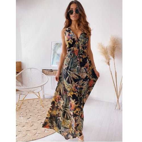 Vintage Print Lace Halter Dress Elegant V-Neck Halter Sleeveless Evening Dress Ladies Sexy Slim Elastic Waist Dress