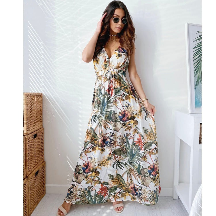 Vintage Print Lace Halter Dress Elegant V-Neck Halter Sleeveless Evening Dress Ladies Sexy Slim Elastic Waist Dress