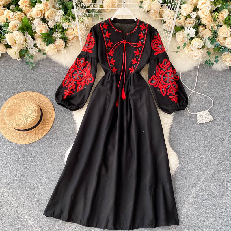 Bohemian Ethnic Embroidery Flowers Round Neck Lantern Sleeves Folds Loose And Thin Wild Long Skirt Dress Women - BabynBeauty