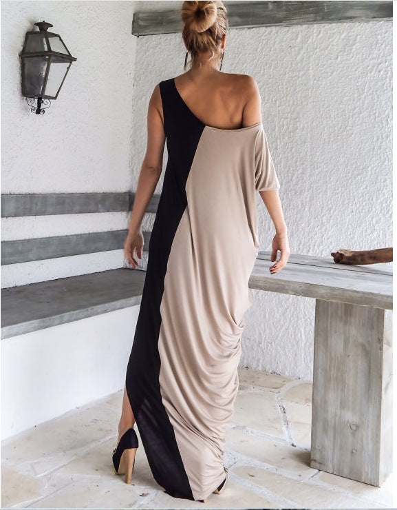 Maxi Round Neck Short Sleeve Loose Stitching Fashion Dress Long Skirt - BabynBeauty