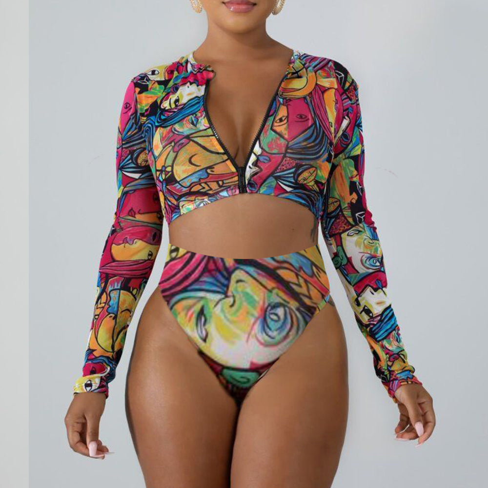 Surfing Swimsuit For Women Bikini Long Sleeve Swimwear Butterfly Print Push Up Summer Bath Suit - BabynBeauty