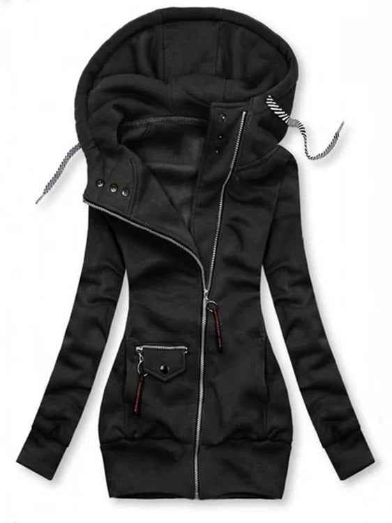 Autumn and winter stitching drawstring hooded slim coat