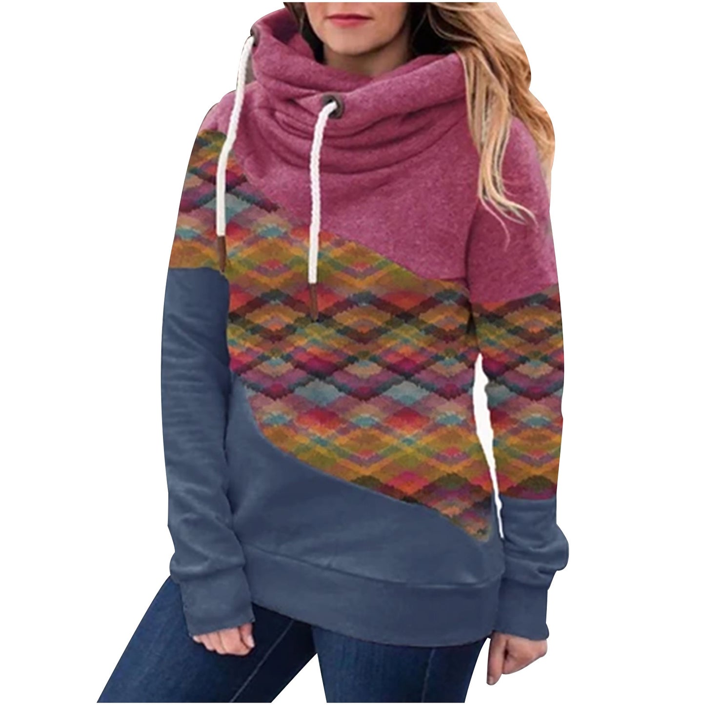 Tri Color patchwork drawstring hood casual fashion sweater - BabynBeauty