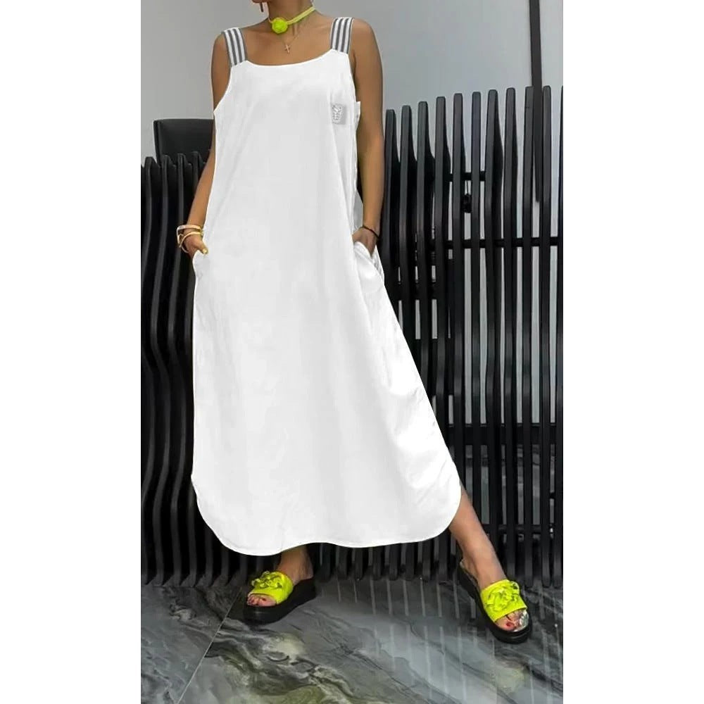 Casual Cotton And Linen Pocket Striped Shoulder Strap Skirt