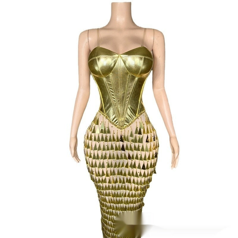 Golden Bright Surface Bandage Design Tight Waist Slimming Mermaid Day Formal Dress - BabynBeauty