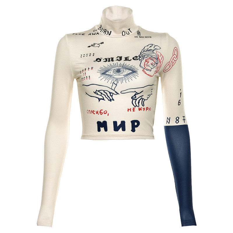 Turtleneck exposed navel tight sports casual top