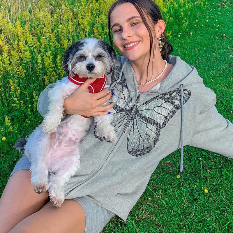 Fashion Oversized Butterfly Graphic Rhinestone Zip Up Hoodies E-girl 90s Streetwear Diamond Grey Long Jacket Autumn - BabynBeauty