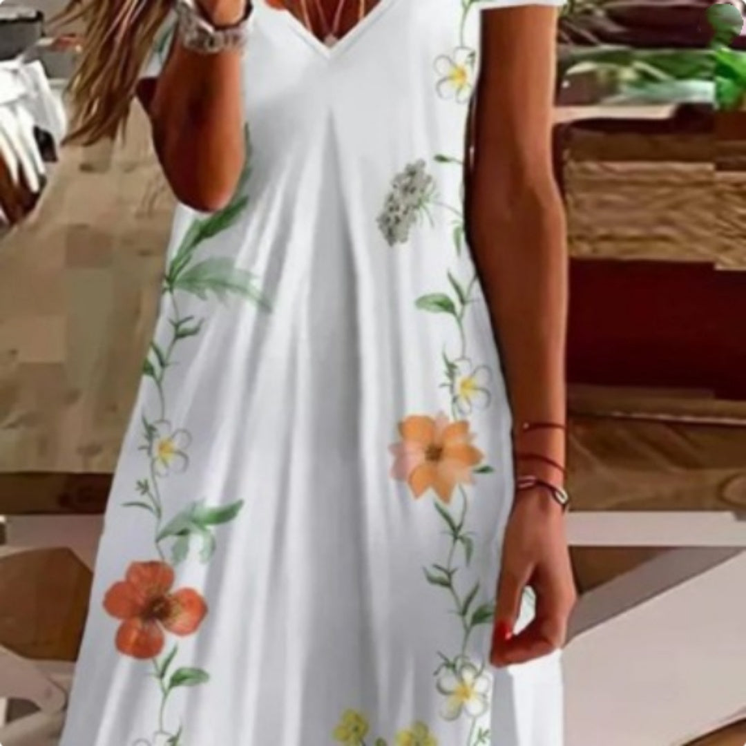 Women's Floral Print V-neck Short Sleeved Dress - BabynBeauty